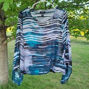Alfani Medium multi Aqua pattern flutter sleeve mesh chiffon lined blouse